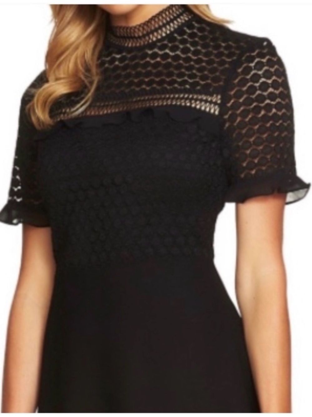 CeCe Black Lace Yoke Short Sleeve Dress